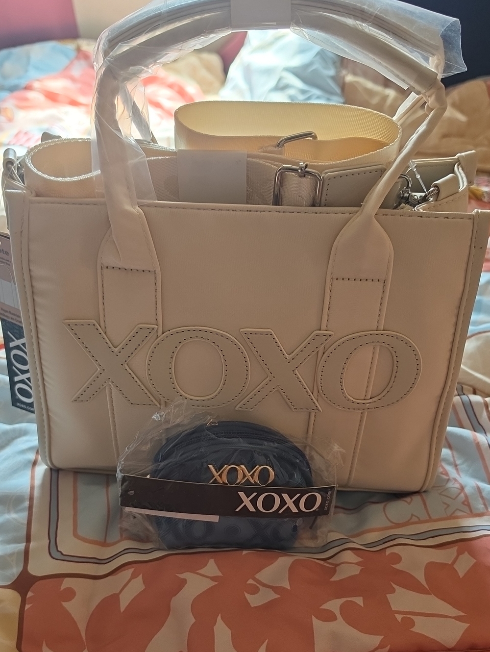 XOXO Cream Satchel with Logo Front and Removable Strap With Coin Purse